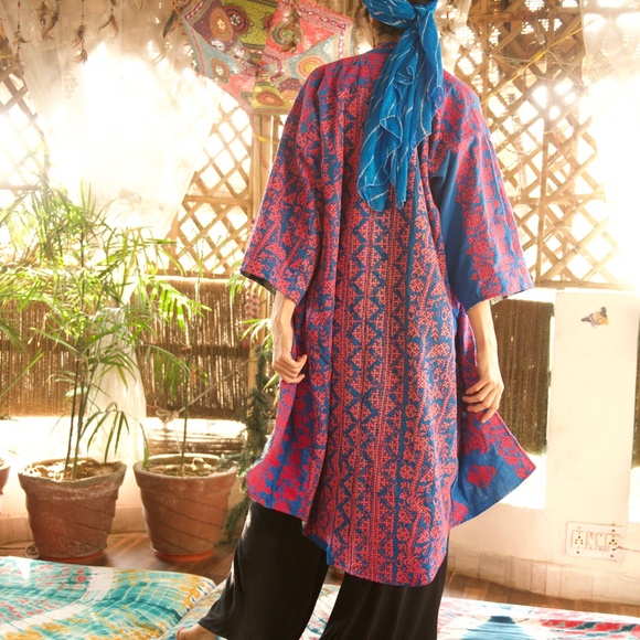 Reversible Pink and Blue Embroidered Long Robe Jacket from India - Picture 2 of 3